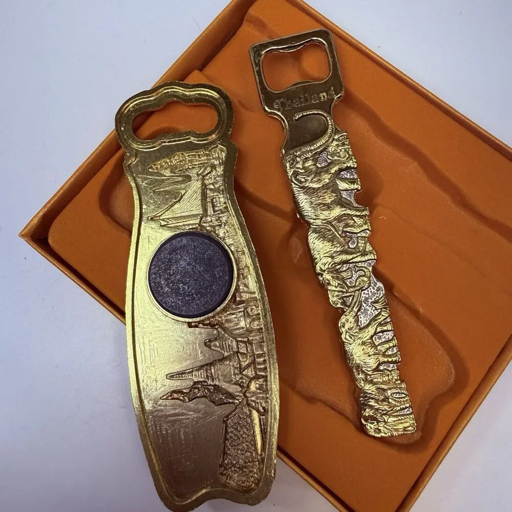 Thailand Gold & Silver Tone Metal 2 Piece Bottle Opener Gift Set City & Elephant